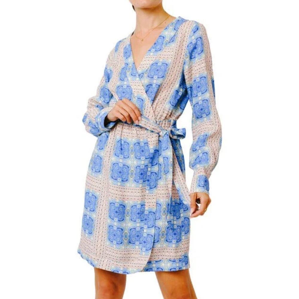 Ciebon Rachelle Blue Multi Print V-neck Long Sleeve Mini Feminine Wrap Dress